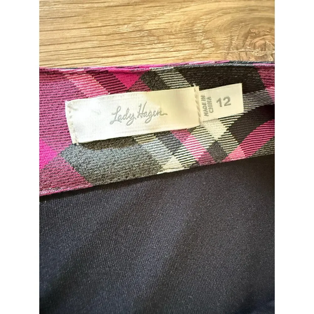 Lady Hagen Pink/Black Plaid Pleated Golf Skort with Buckle - size 12 - OD
